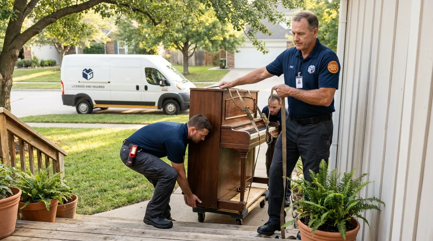 Licensed piano movers securing grand piano in Hampton, GA