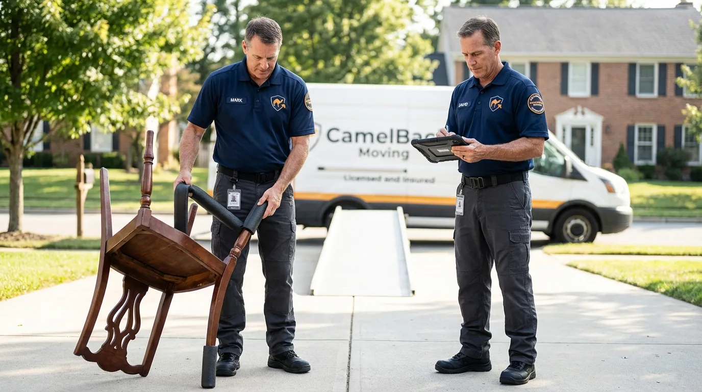 Movers inspecting furniture for damage prevention before loading in Hampton, GA